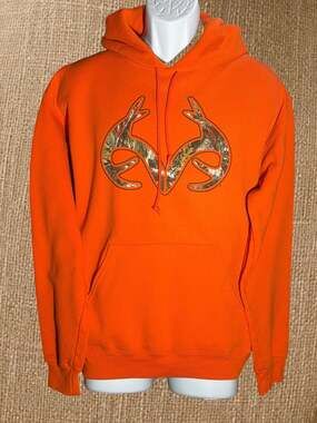 Realtree Antler Logo Hoodie Mens M Blaze Orange Hunting Pullover Jerzees NuBlend